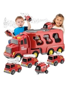 Set Camion Pompieri pentru Urgente cu sunete si lumini + 4 vehicule de interventie, jucarie interactiva copii, Rosu, 3+ ani