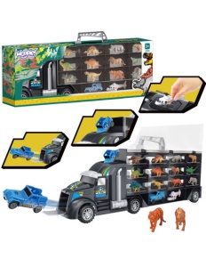 Set Camion Transportator 3 in 1– Remorca cu Compartimente, Lansator si Cutie de Depozitare, cu 6 Dinozauri, 6 Animale, Masina si Elicopter, Jucarie pentru copii, 50 cm +3 ani