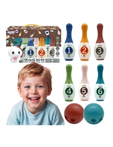 Set de bowling pentru copii – 6 popice cu numere și 2 mingi, joc educativ 3+ ani