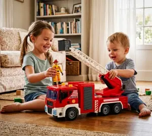Set de construit camion de pompieri cu scară mobilă, șurubelniță cu vârfuri schimbabile, lumini și sunete realiste.+3 ani, Rosu - Img 3