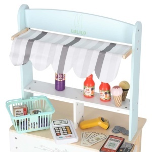 Set de Joaca Supermarket din Lemn Stand Magazin Copii cu Cos de cumparaturi, Accesorii pentru plata, Ladite legume si fructe, Produse alimentare, 97x45x27cm - Img 3