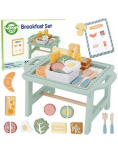 Set Joaca mic dejun din lemn – 26 piese, cu masuta de servire, croissant, ou, legume, tacamuri – joc de rol, 3+ ani