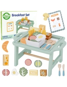 Set Joaca mic dejun din lemn – 26 piese, cu masuta de servire, croissant, ou, legume, tacamuri – joc de rol, 3+ ani