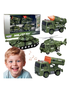 Set vehicule militare – tanc, elicopter și 2 camioane cu lansatoare, scara 1:20, 3+ ani
