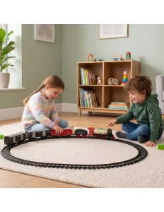 Trenuleț Electric Retro Roșu cu Locomotivă, Șine, Vagoane, Sunete și Lumini – Set 29 Piese - Img 3