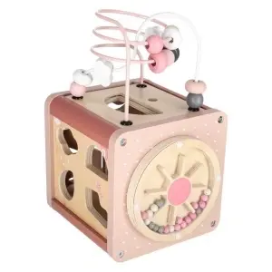 Cub educativ din lemn 5 în 1 pentru copii 1+ – jucărie senzorială cu sortator de forme, labirint, xilofon și circuit cu mărgele - Img 3