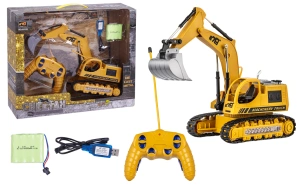 Excavator cu telecomandă pe șenile, cu braț și cupă mobile, lumini colorate și cabină rotativă. Încărcător inclus.+3 ani, Galben - Img 2