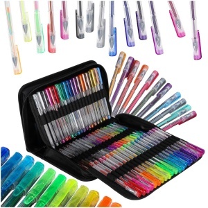 Set 100 Pixuri cu Gel Colorate + 100 Rezerve – Glitter, Metalice, Neon și Pastel, în Penar Pliabil