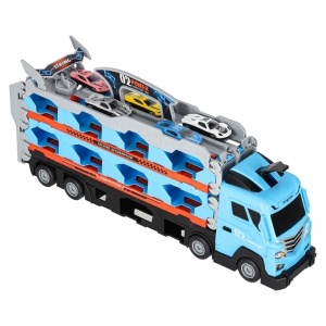 Set Camion de Jucarie pentru Transport cu 8 masinute de curse, trailer, catapulta pentru vehicule, platforma si pista de curse, Albastru - Img 6