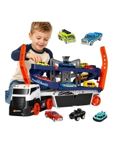 Set Camion pentru copii cu pista interactiva, Trailer de Jucarie educativ cu sunete si lumini, 2 masini incluse, 3+ ani - Img 6