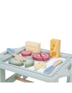Set Joaca mic dejun din lemn – 26 piese, cu masuta de servire, croissant, ou, legume, tacamuri – joc de rol, 3+ ani - Img 8