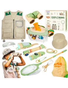 Set Micul Explorator pentru copii, 22 accesorii pentru natura si insecte, cu vesta, binoclu, rucsac, plasa insecte, busola, lanterna, 3+ ani