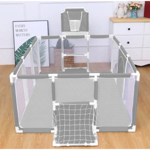 Tarc de Joaca Copii, Centru de activitati XXL 230x122x62 cm – Cos de Baschet, 2 Porti de Fotbal, Cadru Metalic, Intrare cu Fermoar,Gri - Img 4