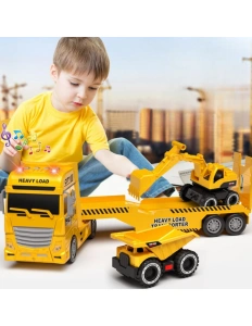 Camion de tractare cu rampă mobilă – set cu autobasculantă și excavator, lumini și sunete, 3+ ani