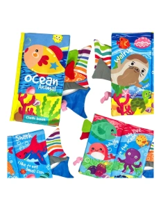 Carte senzorială textilă pentru bebeluși – animale marine, elemente foșnitoare și detalii tactile, 0+ luni