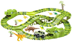 Pistă Mașini Dinozaur – 240 Segmente Flexibile pentru Auto Asamblare, Tuneluri și Figurine Incluse