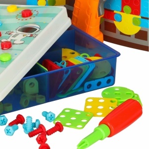 Puzzle educativ 261 piese cu mașină de găurit funcțională, șuruburi colorate, unelte și modele — set STEM pentru copii 3+ - Img 4
