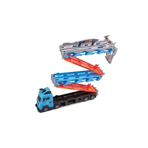 Set Camion de Jucarie pentru Transport cu 8 masinute de curse, trailer, catapulta pentru vehicule, platforma si pista de curse, Albastru - Img 3