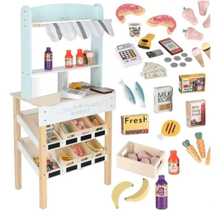 Set de Joaca Supermarket din Lemn Stand Magazin Copii, Accesorii pentru plata, Ladite legume si fructe, Produse alimentare, 97x45x27cm