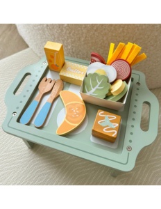 Set Joaca mic dejun din lemn – 26 piese, cu masuta de servire, croissant, ou, legume, tacamuri – joc de rol, 3+ ani - Img 5