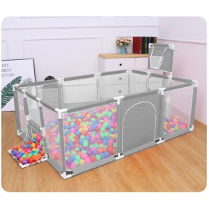 Tarc de Joaca Copii, Centru de activitati XXL 230x122x62 cm – Cos de Baschet, 2 Porti de Fotbal, Cadru Metalic, Intrare cu Fermoar,Gri