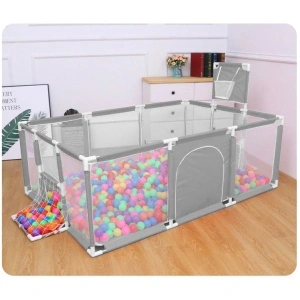 Tarc de Joaca Copii, Centru de activitati XXL 230x122x62 cm – Cos de Baschet, 2 Porti de Fotbal, Cadru Metalic, Intrare cu Fermoar,Gri