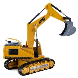Excavator cu telecomandă pe șenile, cu braț și cupă mobile, lumini colorate și cabină rotativă. Încărcător inclus.+3 ani, Galben - Img 6