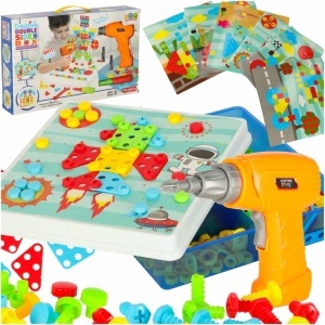 Puzzle educativ 261 piese cu mașină de găurit funcțională, șuruburi colorate, unelte și modele — set STEM pentru copii 3+