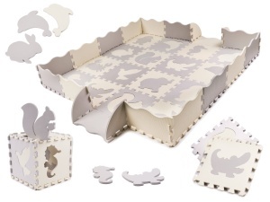 Puzzle Spumă EVA din 36 piese pentru Copii – Covoraș Interactiv 150x150 cm cu Elemente Detașabile, Gri & Bej