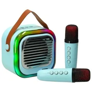 Set 2 Microfoane si Boxa Karaoke copii, Wireless, MicroSD card, Bluetooth, USB, Lumini ambientale, Albastru Turcoaz - Img 5