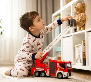 Set de construit camion de pompieri cu scară mobilă, șurubelniță cu vârfuri schimbabile, lumini și sunete realiste.+3 ani, Rosu - Img 4