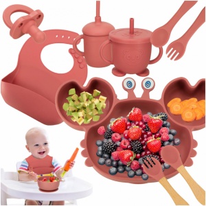 Set Hranire si Diversificare Bebelusi 19 Piese – Silicon Alimentar Fara BPA, Farfurii cu Ventuza, Tacamuri, Caserola, Baveta, Suzeta, Cani cu Capac si Pai, Roz - Img 4