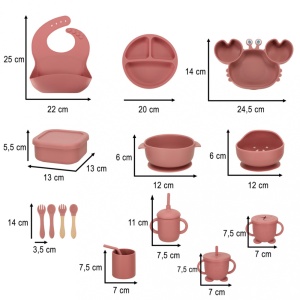 Set Hranire si Diversificare Bebelusi 19 Piese – Silicon Alimentar Fara BPA, Farfurii cu Ventuza, Tacamuri, Caserola, Baveta, Suzeta, Cani cu Capac si Pai, Roz - Img 9