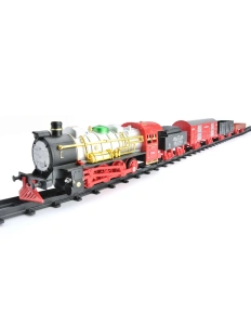 Trenuleț Electric Retro Roșu cu Locomotivă, Șine, Vagoane, Sunete și Lumini – Set 29 Piese - Img 4