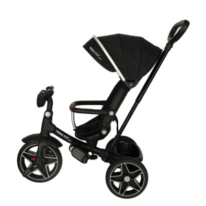 Tricicleta Trike Fix ELITE 2in1, multifunctionala, scaun rotativ cu capacitatea de a regla unghiul, baldachin si suport picioare pliabil, lumini si muzica, negru