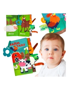 Carte senzorială textilă pentru bebeluși – cozi de animale, elemente foșnitoare și ilustrații colorate, 0+ luni