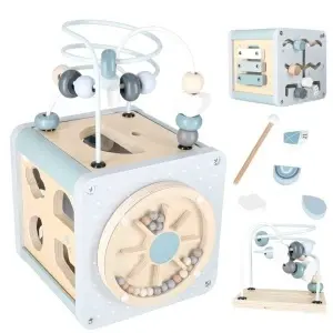 Cub educativ din lemn 5 în 1 pentru copii 1+ – jucărie senzorială cu sortator de forme, labirint, xilofon și circuit cu mărgele - Img 4