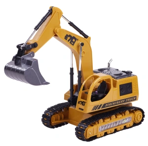 Excavator cu telecomandă pe șenile, cu braț și cupă mobile, lumini colorate și cabină rotativă. Încărcător inclus.+3 ani, Galben - Img 3