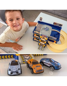 Garaj auto supraetajat – parcare cu lift manual, pista și 3 mașinuțe metalice, 3+ ani - Img 3