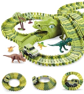 Pistă Mașini Dinozaur – 240 Segmente Flexibile pentru Auto Asamblare, Tuneluri și Figurine Incluse - Img 5