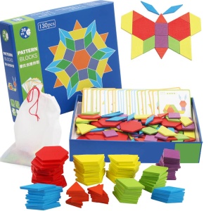 Puzzle din lemn Montessori pentru creatie cu 130 de blocuri si 24 de modele creative