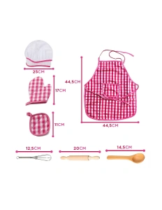 Set Bucătar pentru Copii, 7 Piese – Șorț, Bonetă, Mănușă și Ustensile din Lemn, Costum de Bucătar, 3+ ani - Img 6