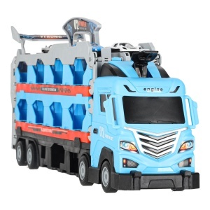 Set Camion de Jucarie pentru Transport cu 8 masinute de curse, trailer, catapulta pentru vehicule, platforma si pista de curse, Albastru - Img 7