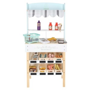 Set de Joaca Supermarket din Lemn Stand Magazin Copii cu Cos de cumparaturi, Accesorii pentru plata, Ladite legume si fructe, Produse alimentare, 97x45x27cm