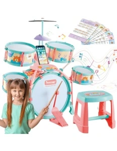 Set de tobe interactive pentru copii, cu bete, scaun si suport telefon/tableta, efecte sonore, 72x67x41cm