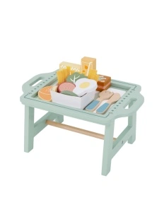 Set Joaca mic dejun din lemn – 26 piese, cu masuta de servire, croissant, ou, legume, tacamuri – joc de rol, 3+ ani - Img 9