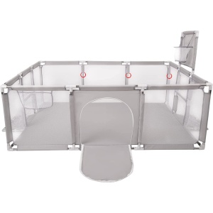 Tarc de Joaca Copii, Centru de activitati XXL 230x122x62 cm – Cos de Baschet, 2 Porti de Fotbal, Cadru Metalic, Intrare cu Fermoar,Gri - Img 5