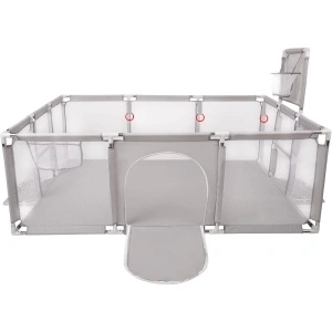 Tarc de Joaca Copii, Centru de activitati XXL 230x122x62 cm – Cos de Baschet, 2 Porti de Fotbal, Cadru Metalic, Intrare cu Fermoar,Gri - Img 5