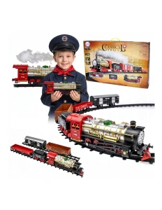 Trenuleț Electric Retro Roșu cu Locomotivă, Șine, Vagoane, Sunete și Lumini – Set 29 Piese