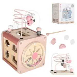Cub educativ din lemn 5 în 1 pentru copii 1+ – jucărie senzorială cu sortator de forme, labirint, xilofon și circuit cu mărgele
